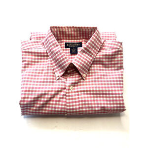 Mens Red White Gingham Check Long Sleeve Button‎ Down Casual Dress Shirt Size L